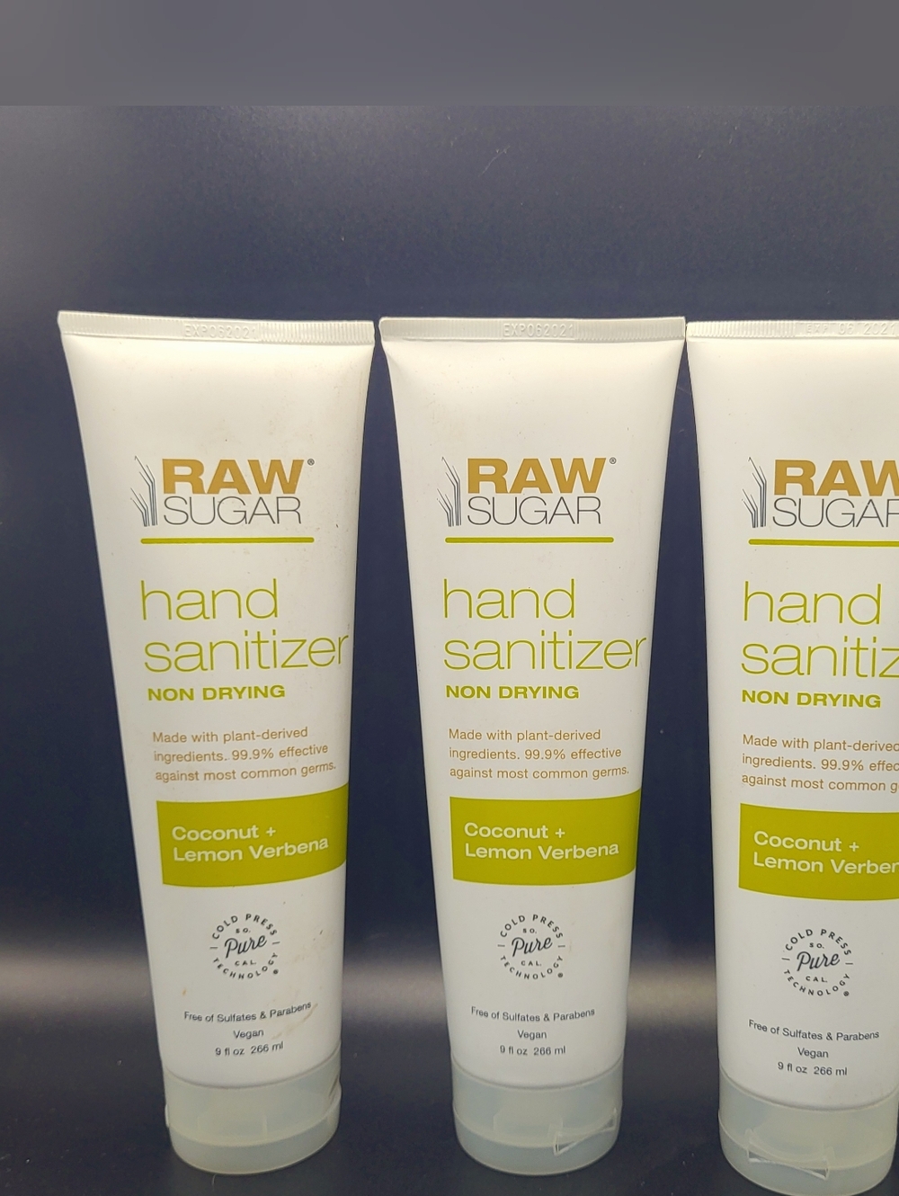 Raw Sugar Hand Sanitizer 9 oz. Coconut & Lemon Verbena Vegan Non-Drying Lot Of 3
